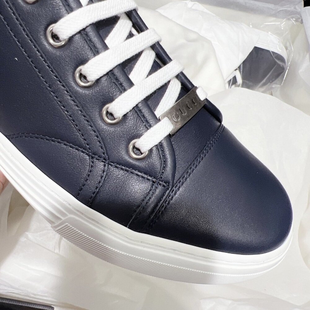 GUCCI Luxus Shoes High Top Sneaker logo Blue Leather Mens UK 8 US 8.5 *Authentic - Picture 9 of 13